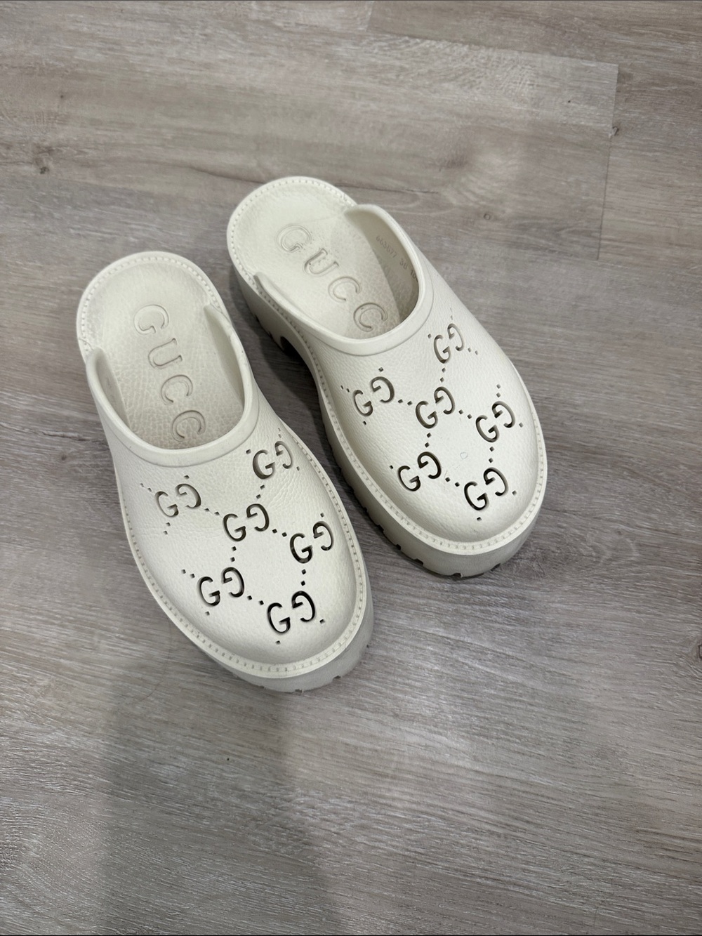 Gucci Cream Perforated GG Slip-On Clogs